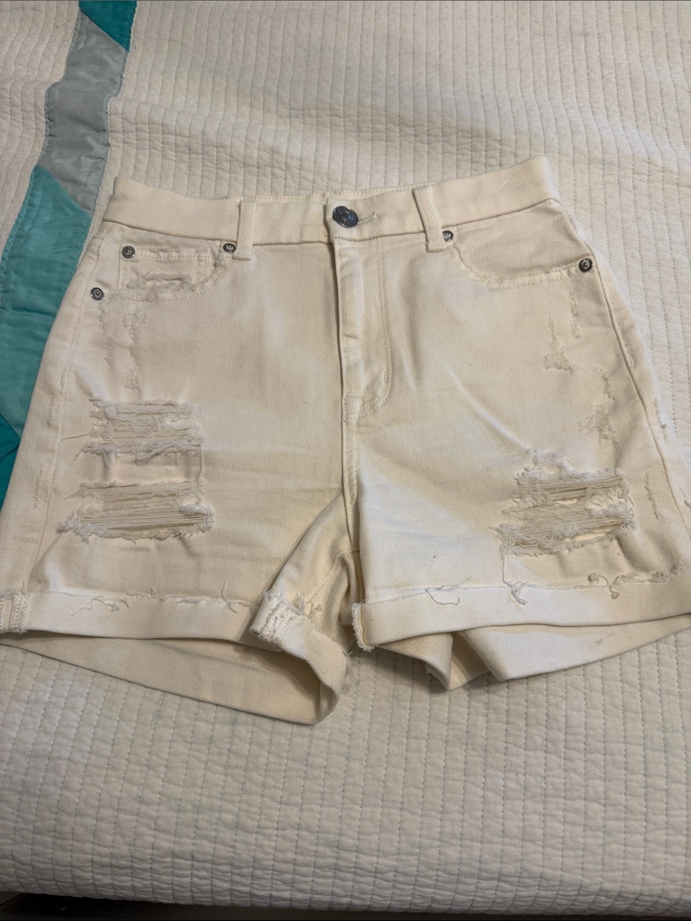 American Eagle Outfitters Cream Distressed High-Rise Denim Shorts
